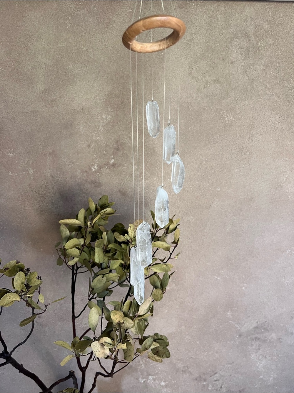 Real Crystal Quartzite Hanging Mobile Wind Chime with Natural Wood Rings - Picture 10 of 10